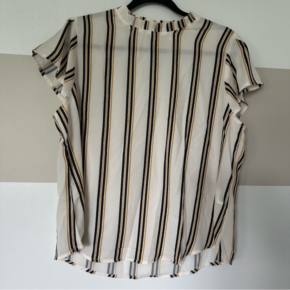 Romwe Women’s Short Sleeve Mock Neck Blouse - Cream Yellow Navy Stripes, Size XL - Picture 3 of 6